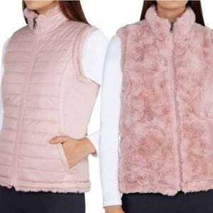 Nicole Miller Pink Faux Fur Soft Reversible Quilted Puffer Vest Size Large